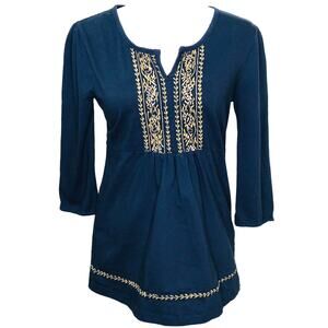 Take Two Clothing Co. Blue Empire Waist Embroidered Yoke 3/4 Sleeve Tunic Top